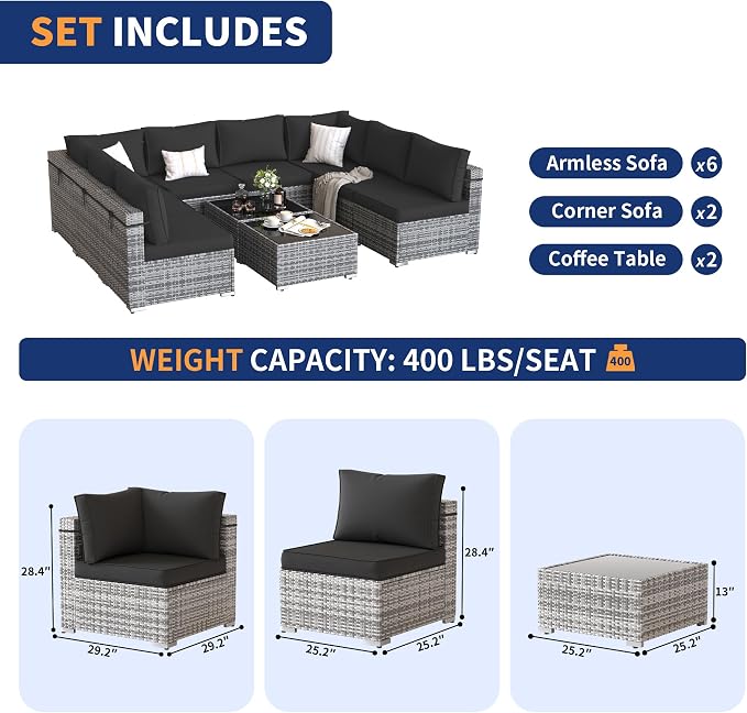 Patio Furniture Set, Modular 10-Piece Patio Conversation Sets with Coffee Table, All-Weather Wicker Outdoor Sectional for Backyard and Balcony, Black (Waterproof Covers Included)