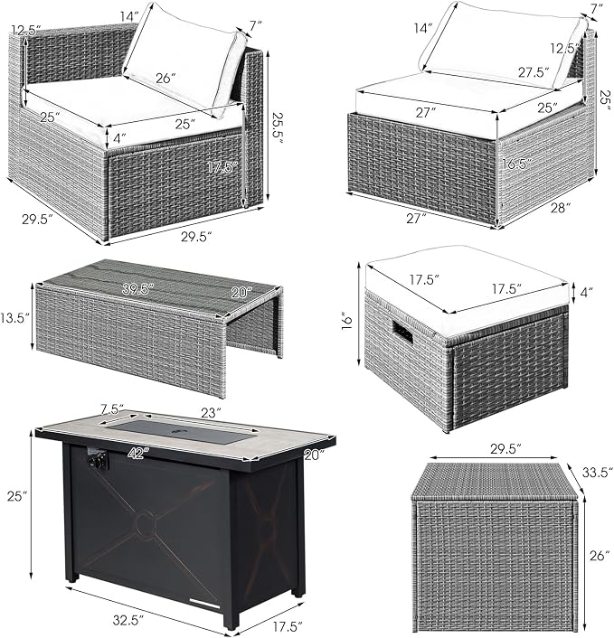 Tangkula 9 PCS Patio Furniture Set with 42” 60,000 BTU Fire Pit, Outdoor Space-Saving Sectional Sofa Set with Storage Box, Waterproof Covers Included (Gray)