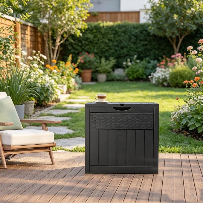 33 Gallon Small Deck Box Outdoor Storage Cube, Rattan Plastic Resin Garden Storage Box Chest, Patio Side Table for Cushions, Charcoal & Garden Tools, Gray