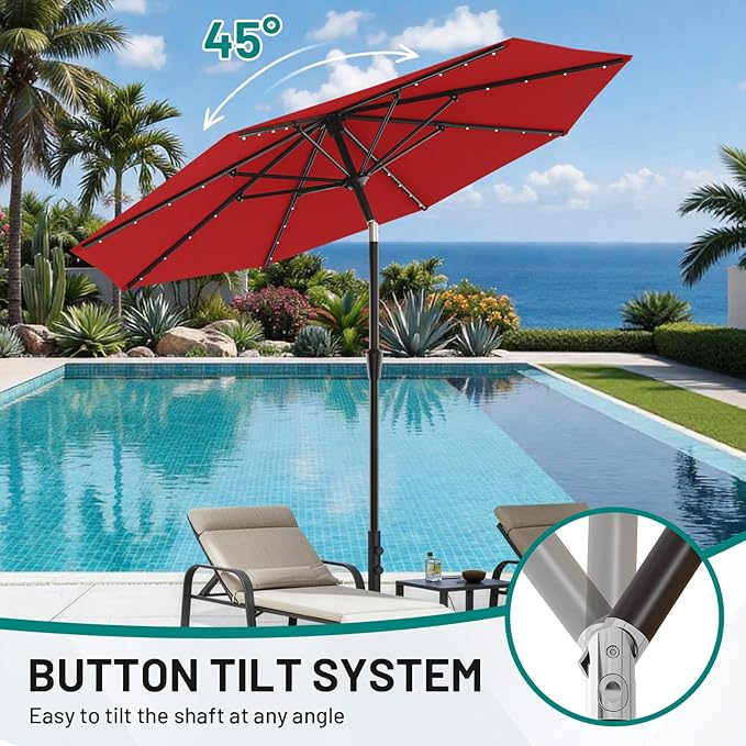 AreShark 9FT Patio Umbrella with Solar Lights, 32 Lighted Pool Umbrella w/Tilt and Crank, Outdoor Market Solar Umbrellas for Garden, Deck, Backyard, Pool and Beach, Red