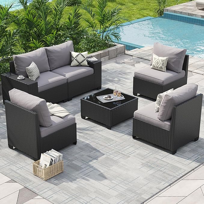 Aoxun 6 Piece Wicker Sectional Set with 4 Inch Cushion, Wide Armrests and Waterproof Cover for Backyard