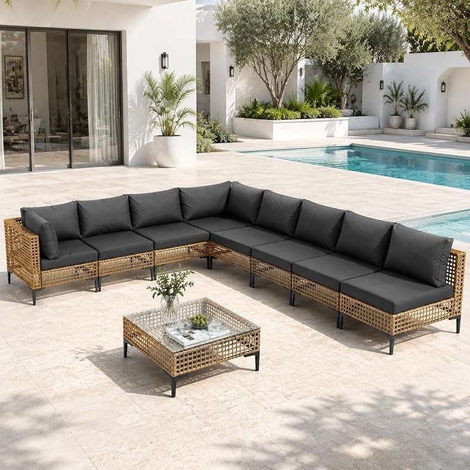 9-Piece Outdoor Wicker Patio Sectional Furniture Set, Grey | 8 Seat, All Weather Performance, PE Rattan, Coffee Table, Thick Cushions, for Backyard, Porch, Poolside, Deck