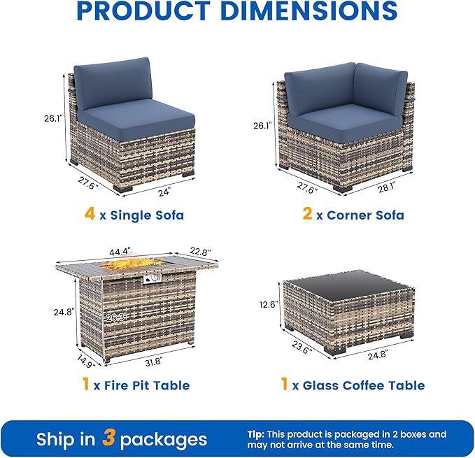 8-Piece Patio Furniture Set with 44” Fire Pit Table - All-Weather Wicker Conversation Sectional Sofa & Coffee Table with Thickened Cushions for Backyard, Garden(Navy Blue)