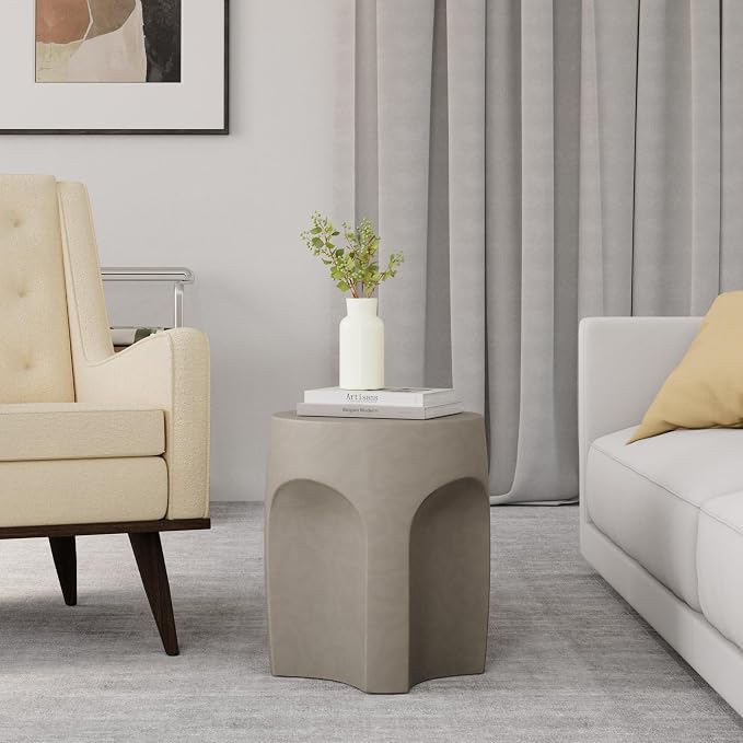 HOMPUS Outdoor Side Table w Arch Shape, Unique Concrete End Table, Round Patio Accent Table MgO Lightweight, Modern Vintage Garden Plant Stand for Indoor Use, Grey