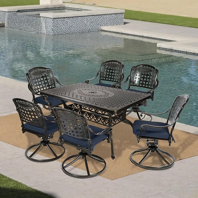 VIVIJASON 7-Piece Outdoor Furniture Dining Set, All-Weather Cast Aluminum Patio Conversation Set, Include 6 Swivel Dining Chairs and a Rectangle Table with Umbrella Hole, Navy Blue Cushion