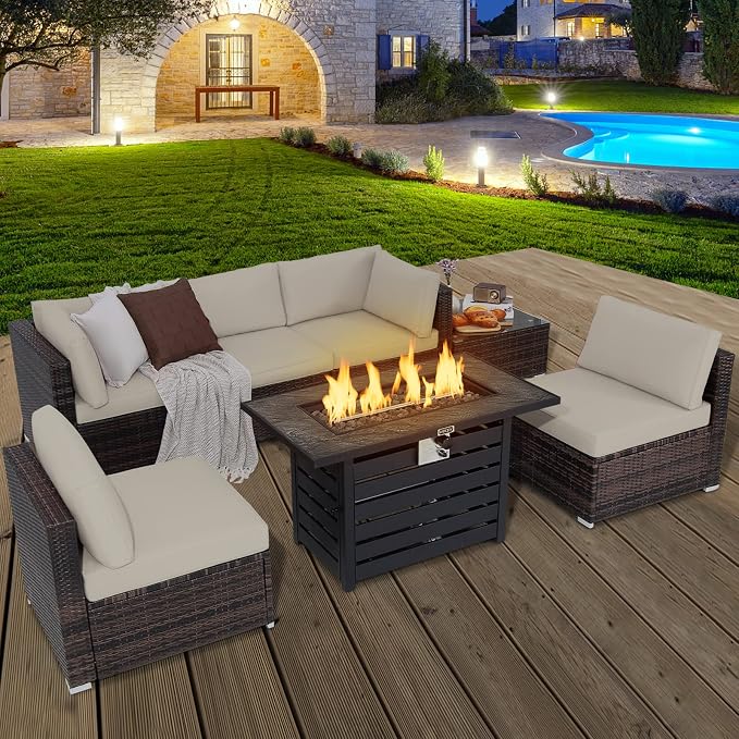Tangkula 7-Piece Outdoor Patio Furniture Set with 42" Propane Fire Pit Table, Outdoor Wicker Conversation Set with Cushions and Tempered Glass Coffee Table, 50,000 BTU Gas Fire Pit Table (Off White)