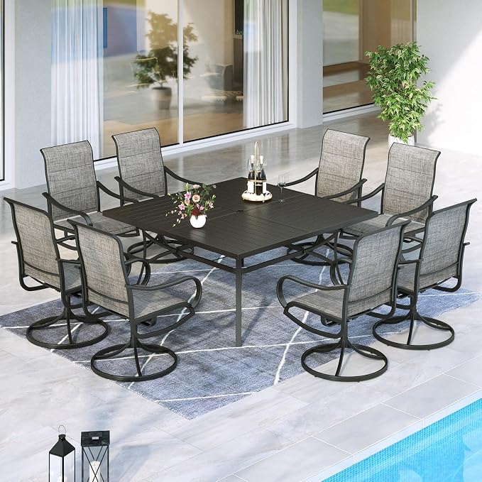 MFSTUDIO Outdoor Dining Set for 8, Square Metal Table w/Swivel Chairs | Padded textilene chairs, High back, Ergonomic Design, Umbrella hole, Weather reistant, Patio deck garden backyard