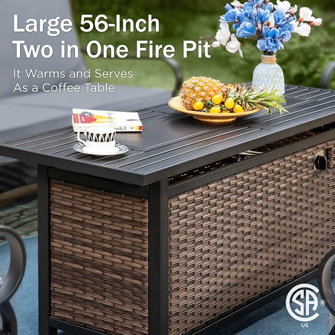 PHI VILLA Patio Furniture Set with 56" Fire Pit Table, Metal Frame Outdoor Conversation Sets, Wicker Patio Sectional Sofa Set with Ottomans for Porch, Deck, Poolside(6 Pieces, Grey)