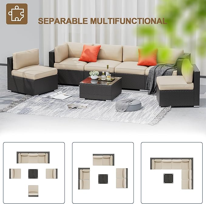 SUNCROWN 7-Piece Outdoor Patio Furniture Sofa Set All-Weather Wicker Sectional Conversation Set with Modern Glass Coffee Table and Cushions, Backyard, Garden, Light Brown