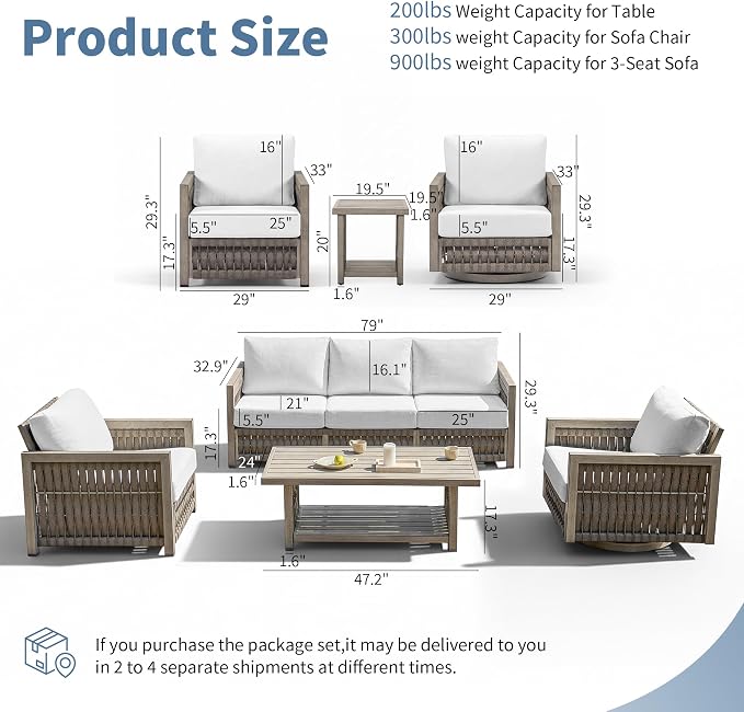 4 Pieces Patio Furniture Set, Outdoor Conversation Set with Coffee Table, 3-Seat Sofa & Swivel Chair, Rope Weave & Aluminum Frame, Contemporary Sofa with Cushion for Porch Yard Deck, Gray Oak