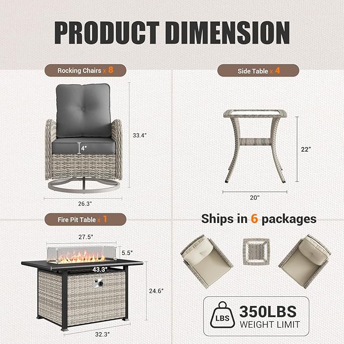 13Pcs Patio Rocking Swivel Chair with 55,000 BTU Fire Pit Table Outdoor Wicker Rattan Bistro Set with Tempered Glass Side Table, Outdoor Patio Furniture Set for Garden and Balcony, Grey