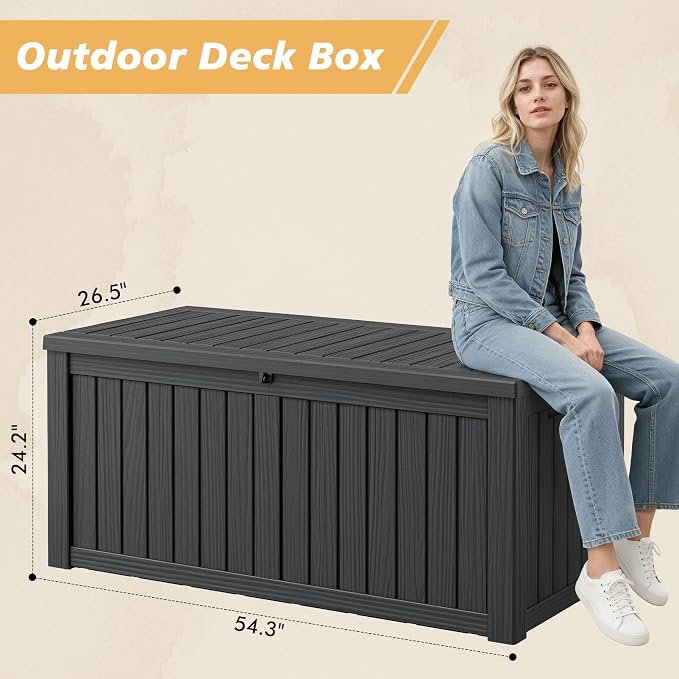 Fancyango 140 Gallon Outdoor Deck Box Waterproof, Large Storage Box for Patio, Resin Storage Bench Lockable for Garden Tools, Package Delivery, Black