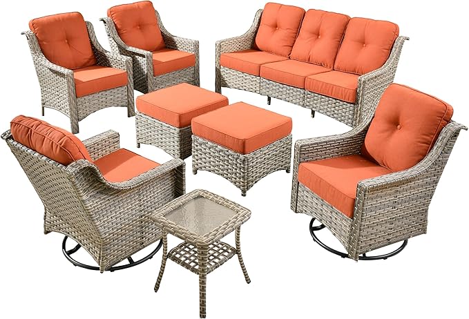8 PCS Outdoor Patio Furniture Sets,Patio Conversation Sets Outside Rattan Soft Cushion Sofa with 2 Wicker Rocking Chairs Soft Cushion Fit Backyard Porch Garden Poolside Balcony,Orange Red