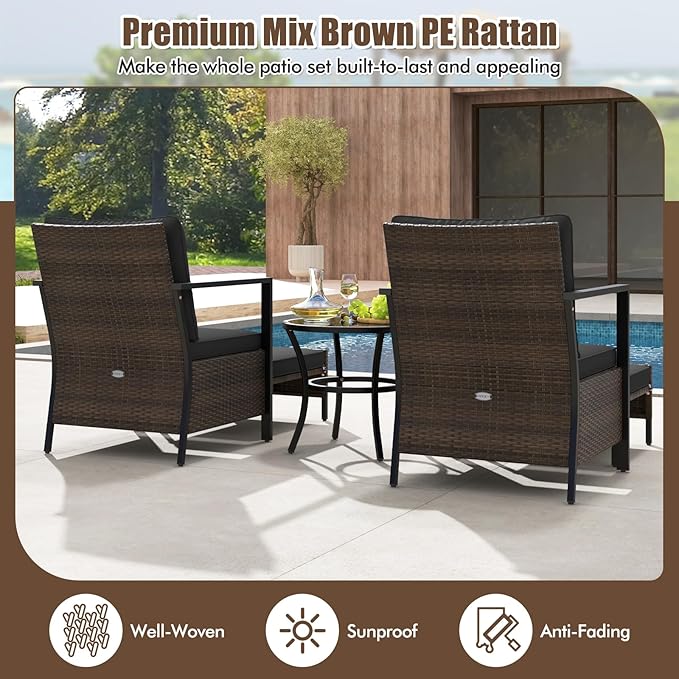 Tangkula 5 Piece Outdoor Furniture Set, Rattan Chairs & Ottomans w/Round Glass Topped Coffee Table, Space Saving Cushioned Patio Conversation Set for Backyard, Poolside (Black)