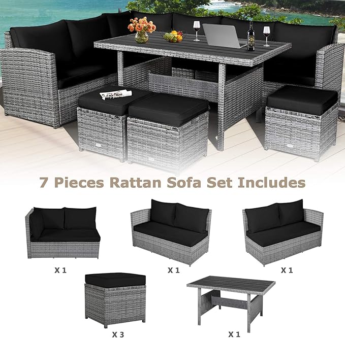 HAPPYGRILL 7 Pieces Rattan Wicker Patio Conversation Set, Outdoor Patio Furniture Set with Cushions, Rattan Sofa Set with Dining Table & Ottomans for Poolside Backyard Balcony Garden (Black)