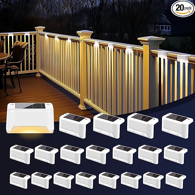 PATIOWIN Solar Fence Lights Outdoor - Waterproof LED Lights for Deck, Stairs, Fence, Patio, Yard, Porch and Balcony (20 Pack, Warm White)