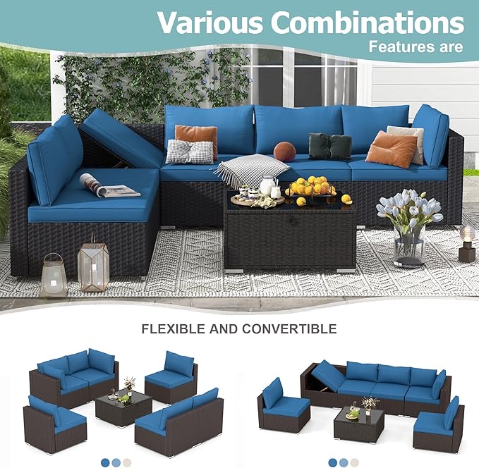 7 Piece Patio Furniture Set with Adjustable Bracket Wicker Rattan Patio Conversation Sets Outdoor Sectional Sofa Set with Wood Table and Cushions for Porch Lawn Garden, Blue
