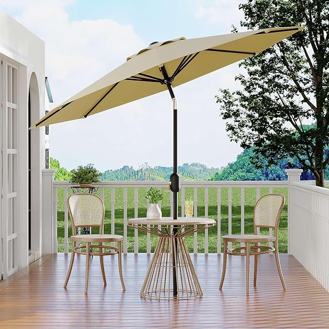 Garvee 9 ft Patio Umbrella - 8 Sturdy Ribs Outdoor Table Umbrella with Crank Lift & Push Button Tilt - Market Umbrella for Pool, Deck, Yard, Garden- Beige