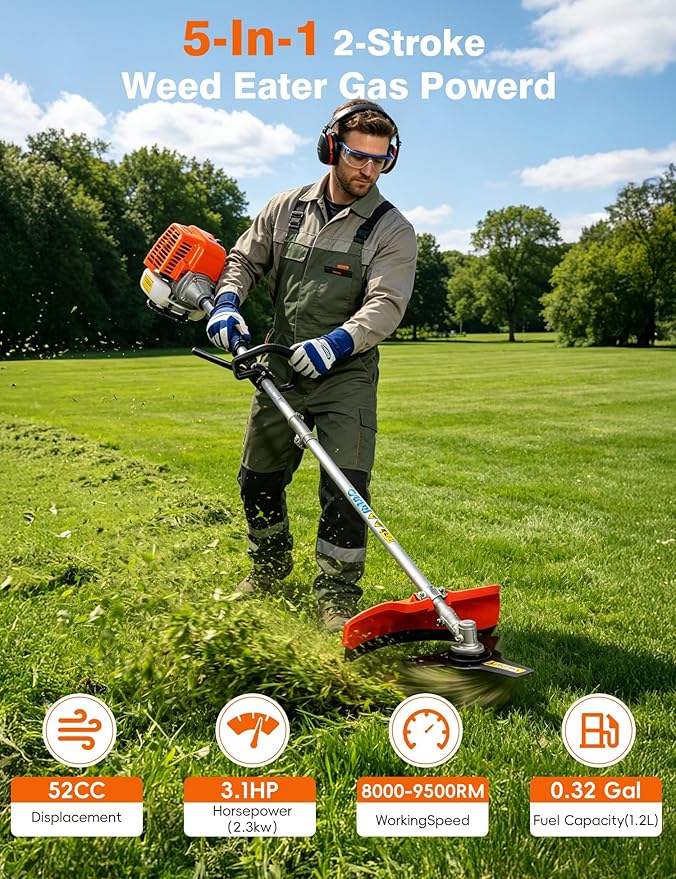 5 in 1 Strong Powerful Full Functioning Gas Weed Eater,Weed Wacker, Hedge Trimmer, 52cc Petrol Trimmer Chainsaw Brush Cutter for Yard Garden