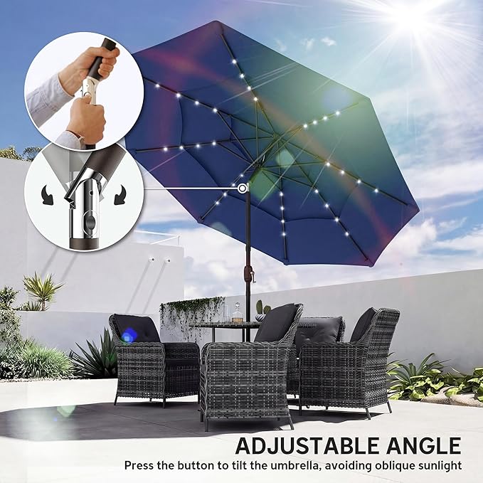 Outsunny 9.7 ft Outdoor Patio Umbrella with 32 Solar LED Lights, 3 Tier Outdoor Table Market Umbrella with Tilt and Crank, 8 Ribs for Garden, Deck, Yard, Poolside