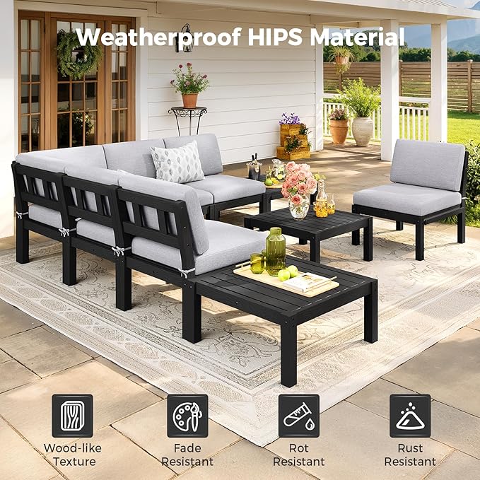 Modular Outdoor Patio Conversation Set, 6-Piece L-Shaped Sectional Sofa Set with Coffee Tables & Thick Cushions, Easy Side Interlock, HIPS All-Weather Patio Furniture Set for Backyard, Deck, Poolside