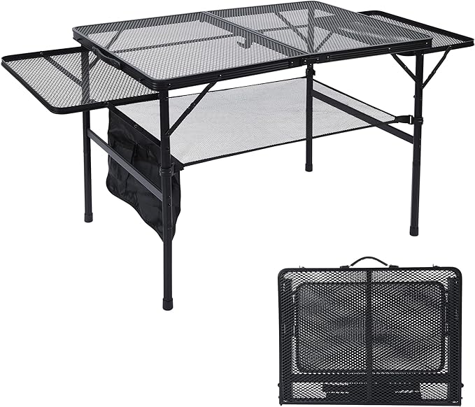 JOUYEK Folding Grill Table, 3x2 FT Portable Camping Table with 2 Wing Panels, Height Adjustable Metal Tables with Mesh Desktop and Mesh Bag, Outdoor Furniture for Camping, Picnic, Beach and BBQ, Black