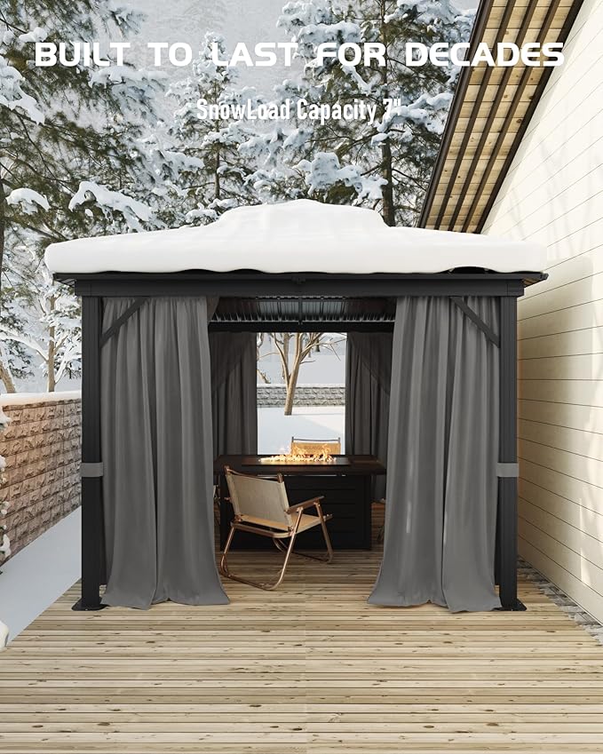 GarveeLife Hardtop Gazebo 10 ft x10 ft for All Weather, with Double Metal Roof, Aluminum Alloy Frame, Net, and Curtain, Permanent Building for Patio, Deck, Backyard, Lawn, and Garden