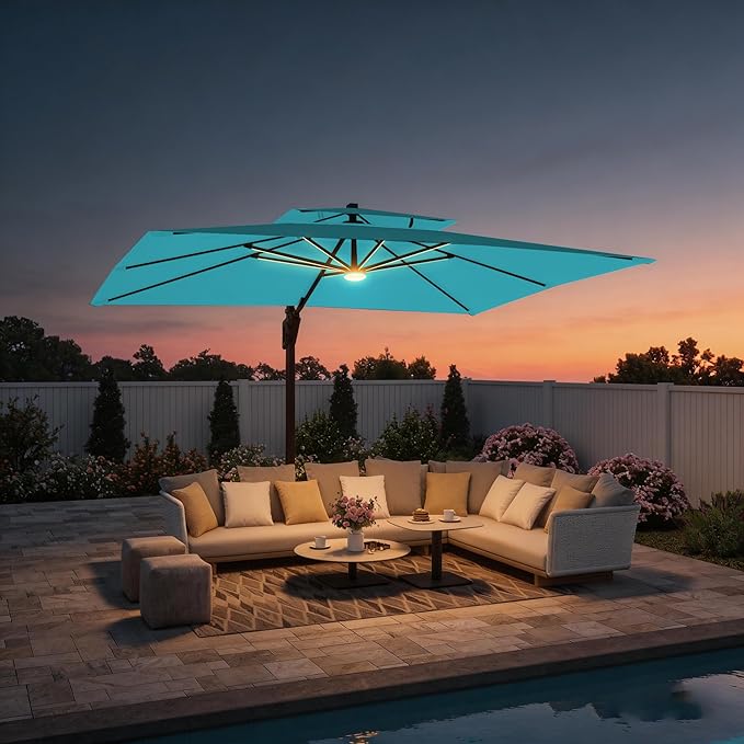 9 X 12 FT Cantilever Outdoor Patio Umbrella with LED Lights Large Heavy Duty 360° Rotation Double Top Offset Rectangular Umbrellas for Backyard Garden Pool Outside Deck, Turquoise