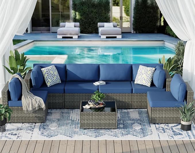 JAMFLY 7-Piece Outdoor Patio Furniture Set, Modular PE Rattan Sectional Sofa with Thick Cushions & Glass Coffee Table for Poolside, Balcony, Garden(Blue Cushion)