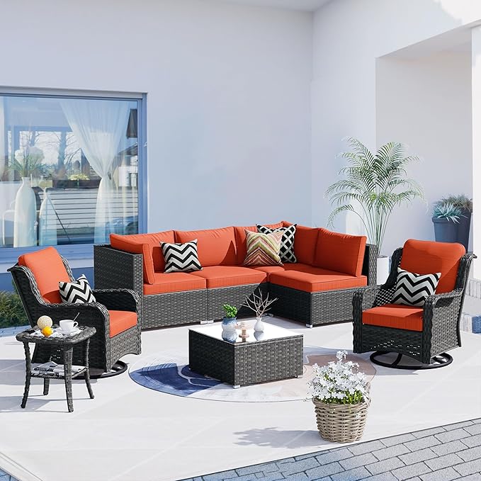 HOOOWOOO Patio Outdoor Sectional Furniture Sofa Set with Swivel Chairs,8 Piece L Shaped Corner Wicker Rattan Couch Set with Glass Table,Modern 6 Persons Summer Patio Conversation Set(Orange Red)