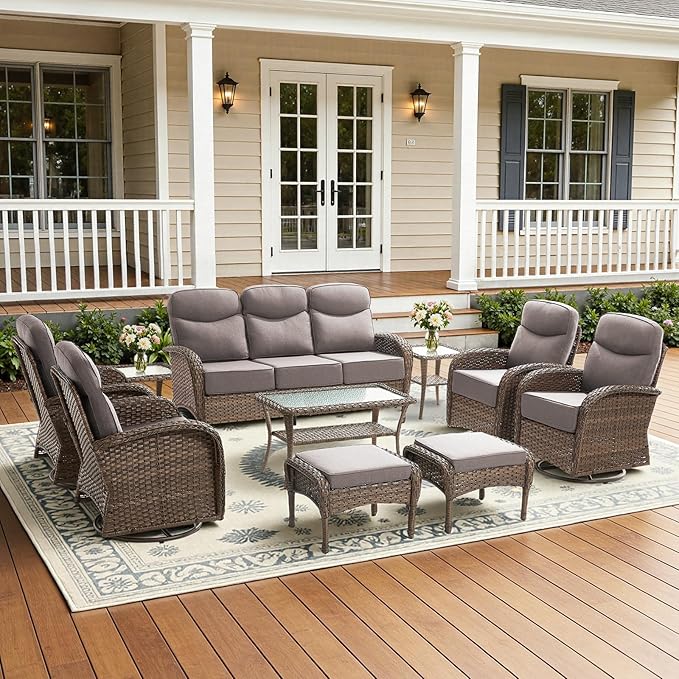 10-Piece Luxury Patio Furniture Set with 6-Inch Thick Cushions, High-Back Outdoor 4 Swivel Rocking Chairs with Wicker Coffee Table, All-Weather Conversation Set for Porch, Deck, Yard Gray