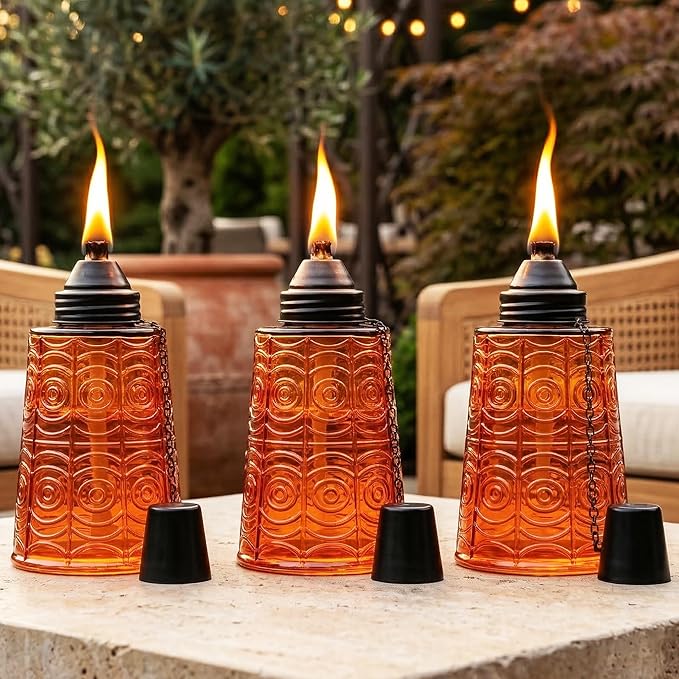 Seraphic Citronella Table Top Torches for Outdoor Patio, 16oz Decorative Glass Torch Citronella Candles for Outside Deck, Garden, Parties, Set of 3, Amber