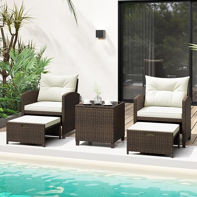 Tangkula 5 Pieces Patio Conversation Set, PE Wicker Outdoor Furniture Set with 2 Chairs, 2 Ottomans & Tempered Glass Coffee Table, Ideal for Poolside, Backyard, Lawn, Deck, Mix Brown & Off White