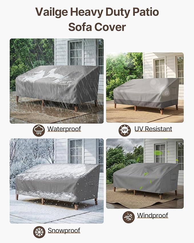 Vailge Heavy Duty Patio Sofa Cover, 100% Waterproof 3-Seater Outdoor Sofa Cover,Lawn Patio Furniture Covers with Air Vent and Handle,93" Wx 40" Dx 35" H,Grey