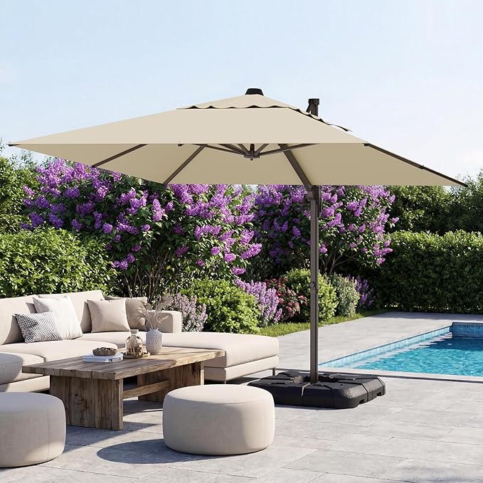 GENTEACO 10X10 FT Cantilever Umbrella, Large Offset Patio Umbrella 6 Angle Tilts & 360° Rotation, Large Square Sun Umbrellas for Outdoor Patio Pool Deck Market, Beige