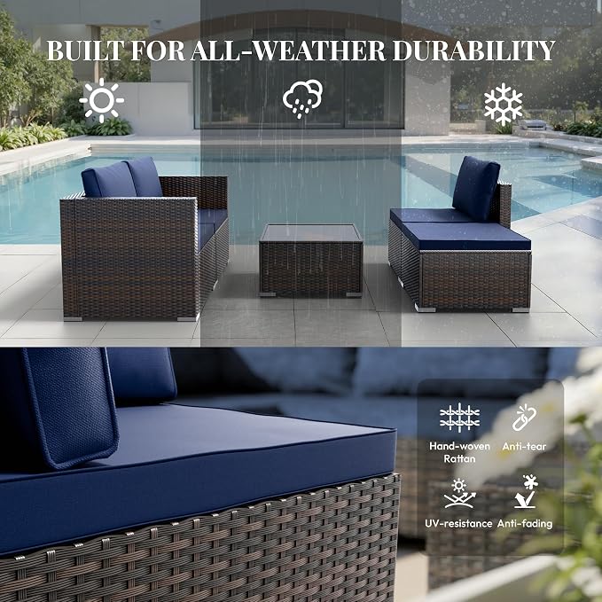 WWR Patio Furniture Set- All-Weather, Thick Cushions & Wide Armrests -5 Piece Outdoor Patio Conversation Couch Sets, Wicker Rattan Outdoor Sectional Sofa for Garden, Patio, Poolside