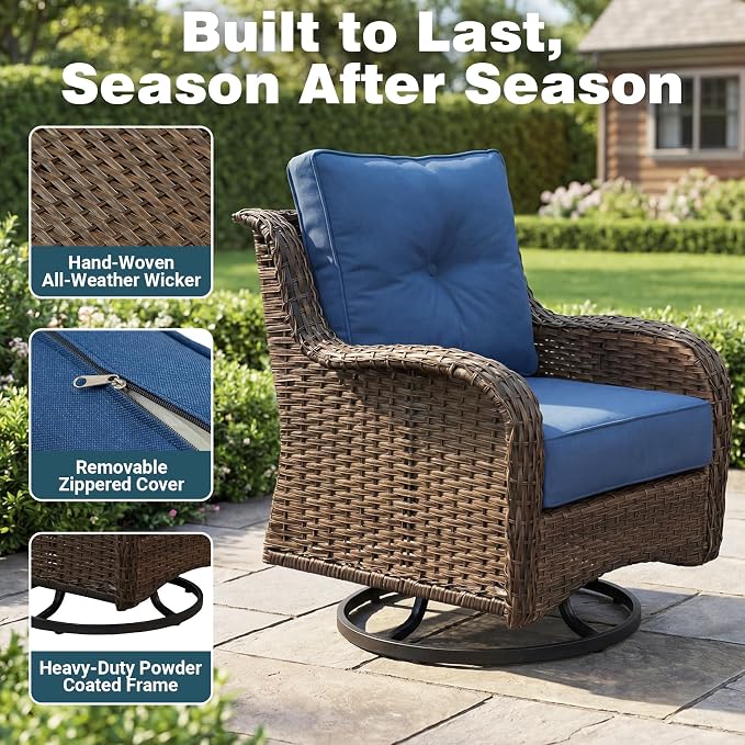 Luxury Patio Conversation Set, 10-Piece Ergonomic High Back Wicker Sofa&Swivel Chair Set with 6-Inch Deep Seating Cushions, Large Patio Furniture Set for Garden, Deck & Balcony, Navy Blue