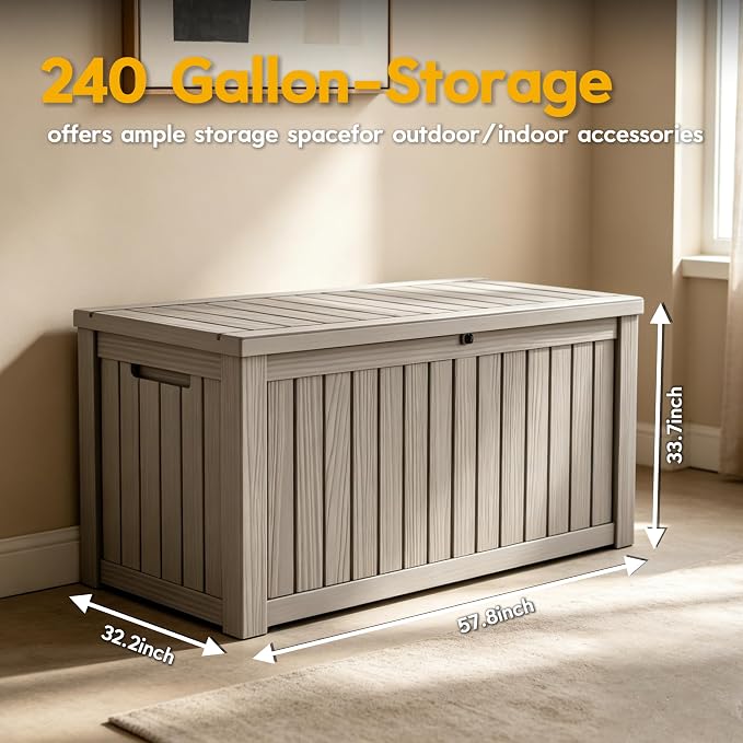 LAUSAINT HOME 240 Gallon Giant Resin Deck Box with Hydraulic Pistons - Waterproof Outdoor Storage Bench for Large Cushions, Lockable Patio Bin for Pool and Backyard (Light Brown)