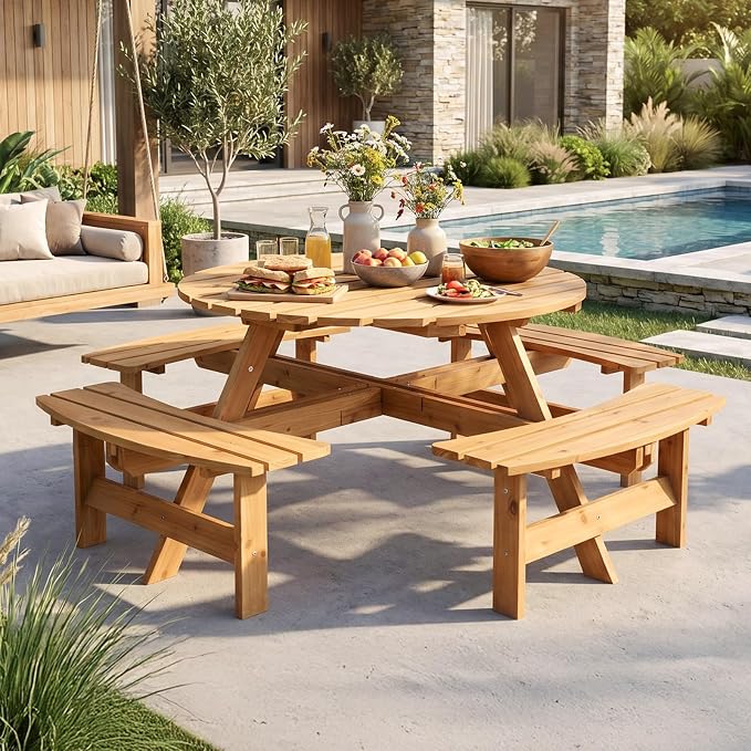 VINGLI Wood Picnic Table Outdoor Round Picnic Table with 7.5ft Umbrella and 4 Built-in Benches, Outdoor Dining Tables and Chairs 550 LBS Bench Capacity (Gray, Round)