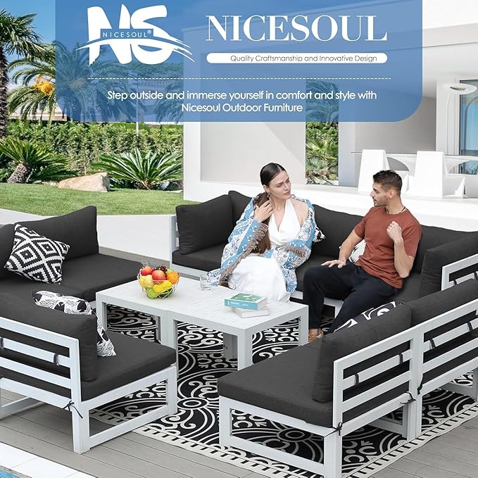 NICESOUL 10 Person Modern Aluminum Outdoor Patio Furniture Set with Side Table, 29" Wide Deep Seating, L Shaped Modular Sectional Couch, Oversized Conversation Set for Garden, Dark Gray