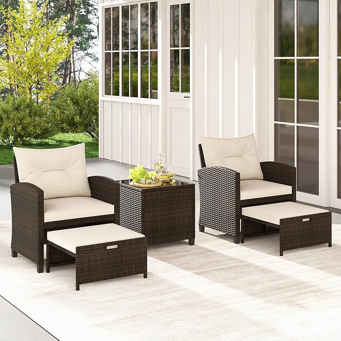 COSTWAY 5-Piece Rattan Conversation Set, Outdoor Sofa, Tempered Glass Coffee Table & Ottomans for Small Space, Boho Chic Indoor/Outdoor Furniture for Patio, Living Room & Apartment (Beige)