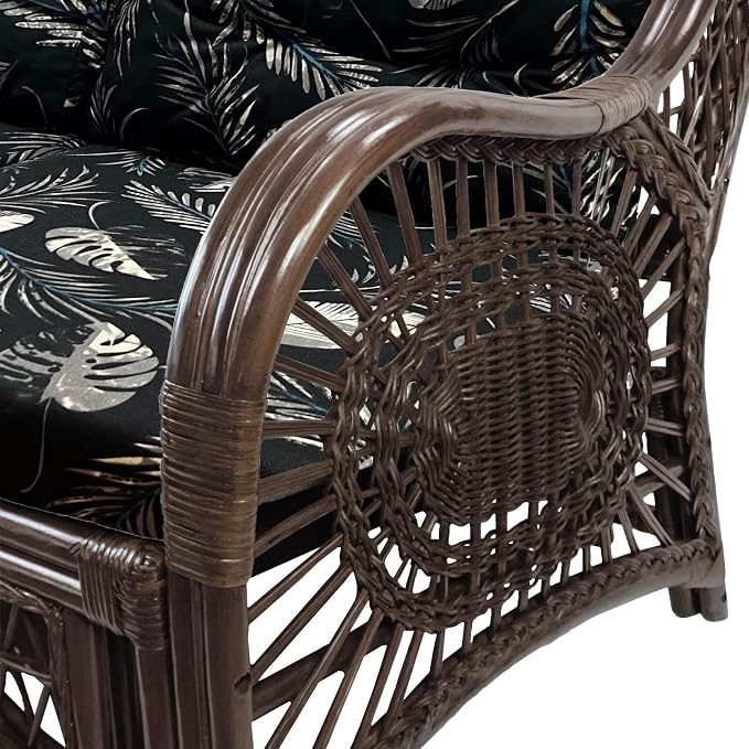 Malibu Lounge Set of 4: 2 Natural Rattan Wicker Chairs, Three-Seater Sofa and Coffee Table with Glass Handmade, Dark Brown Color with Black Leaf Cushions