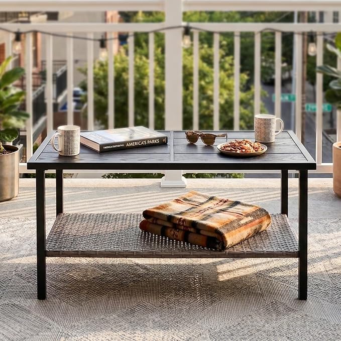 EAGLE PEAK Mojave Dusk Patio Coffee Table with Wood Grain Top and Wicker Shelf, Durable Weather-Resistant Outdoor Table for Deck, Porch, or Garden, Large
