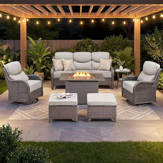 Luxury Patio Furniture Set with 6-inch Thick Cushion, Outdoor Furniture with Fire Pit Table, Swivel Chairs, Sofa, Side Table, Ottomans, 7pcs Wicker Conversation Set(Brown Wicker/Beige Cushion)