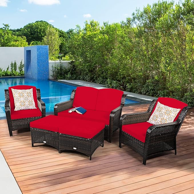 Tangkula 5 Pieces Patio Furniture Set, Outdoor Rattan Conversation Sofa Set with Loveseat, Single Sofas and Ottoman, Sectional Sofa Set with Removable Cushions for Porch, Backyard, Balcony, Lawn