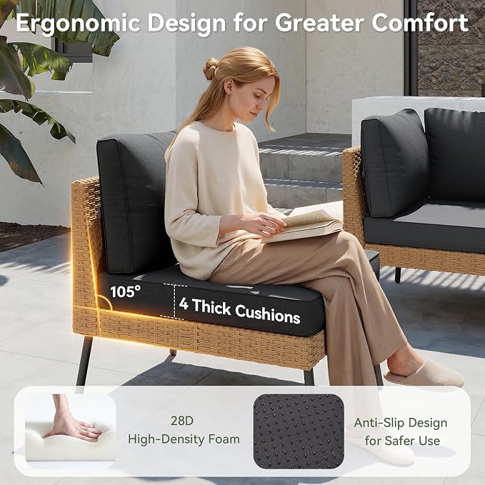 Aoxun Patio Furniture Set, 5 Piece Outdoor Sectional Sofas with Thick Cushion, Wicker Outdoor Patio Furniture Set with Coffee Table for Party, Garden, Backyard, Black