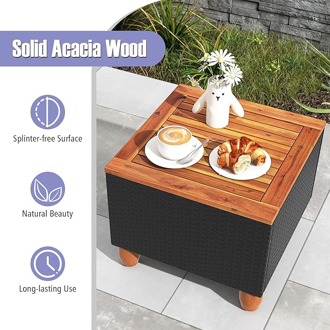 Tangkula 3 Pieces Patio Porch Furniture Set, PE Rattan Wicker Chair Conversation Set with Cushions and Storage Table, Outdoor Acacia Wood Bistro Set for Garden, Poolside (Grey)