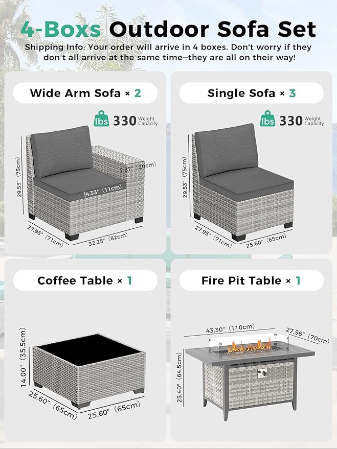 7 Piece Outdoor Wicker Rattan Sectional Sofa Set with Fire Pit Table, 5-Seats Conversation Set with 4" Thickened Cushions & Coffee Table, All-Weather PE Rattan for Garden, Backyard, Porch, Black