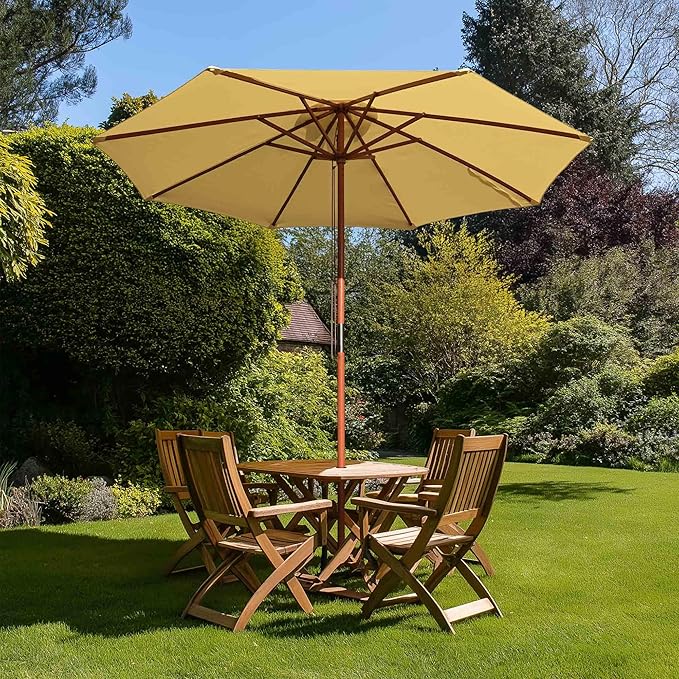 9 Ft Wooden Patio Umbrella 8 Ribs Table Parasol Rope Pulley Outdoor Garden Yard