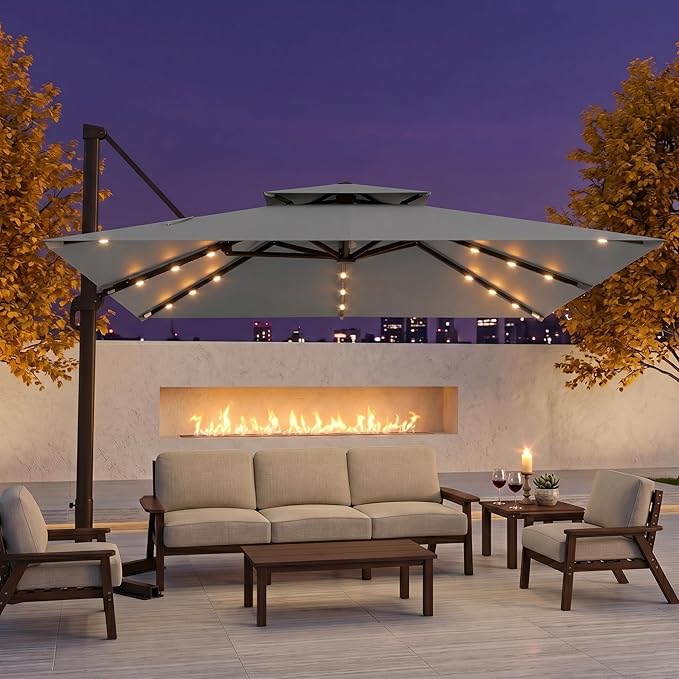 10FT Cantilever Patio Umbrella with Solar Lights, Large Outdoor 2 Tier Aluminum Offset Square Umbrellas 360 Degree Rotation for Garden Deck Pool